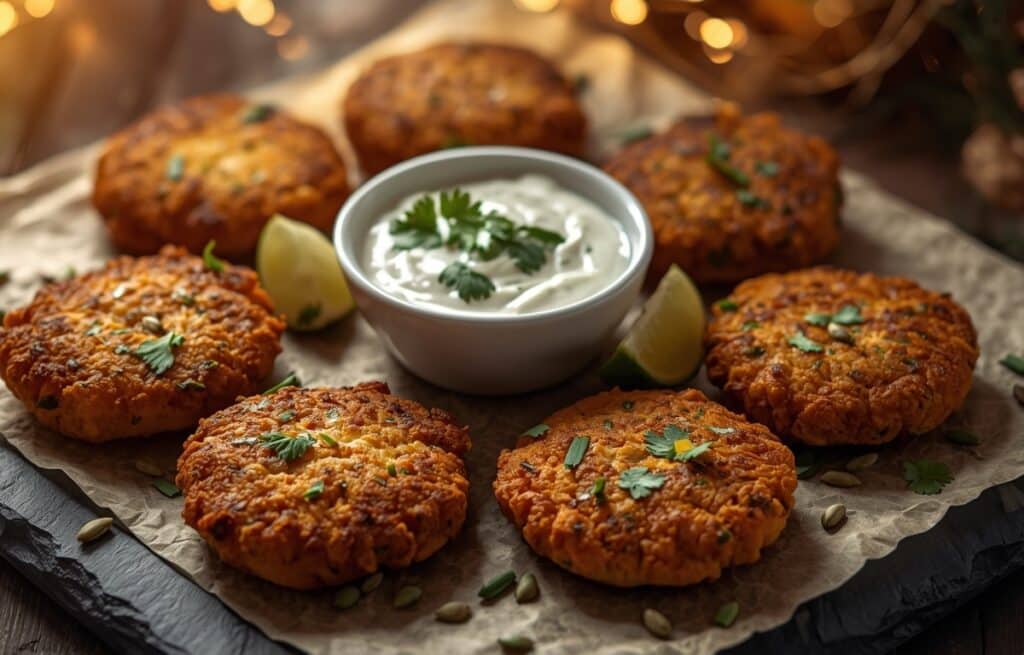 Accras végétariens de butternut dorés et croustillants avec sauce au yaourt citronné sur ardoise noire pour apéro de Noël