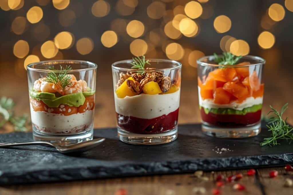 Trois verrines apéritives de Noël élégantes avec avocat, crevettes, saumon fumé et betteraves en couches colorées