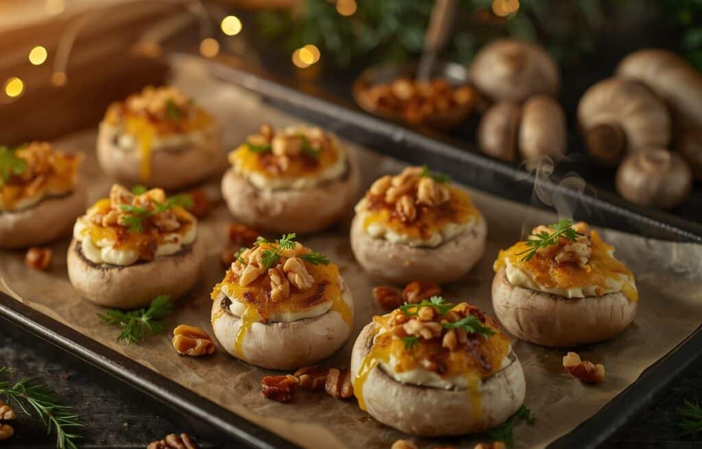 Champignons de Paris farcis au Boursin et noix gratinés au four sur plaque de cuisson pour apéro de Noël gourmand
