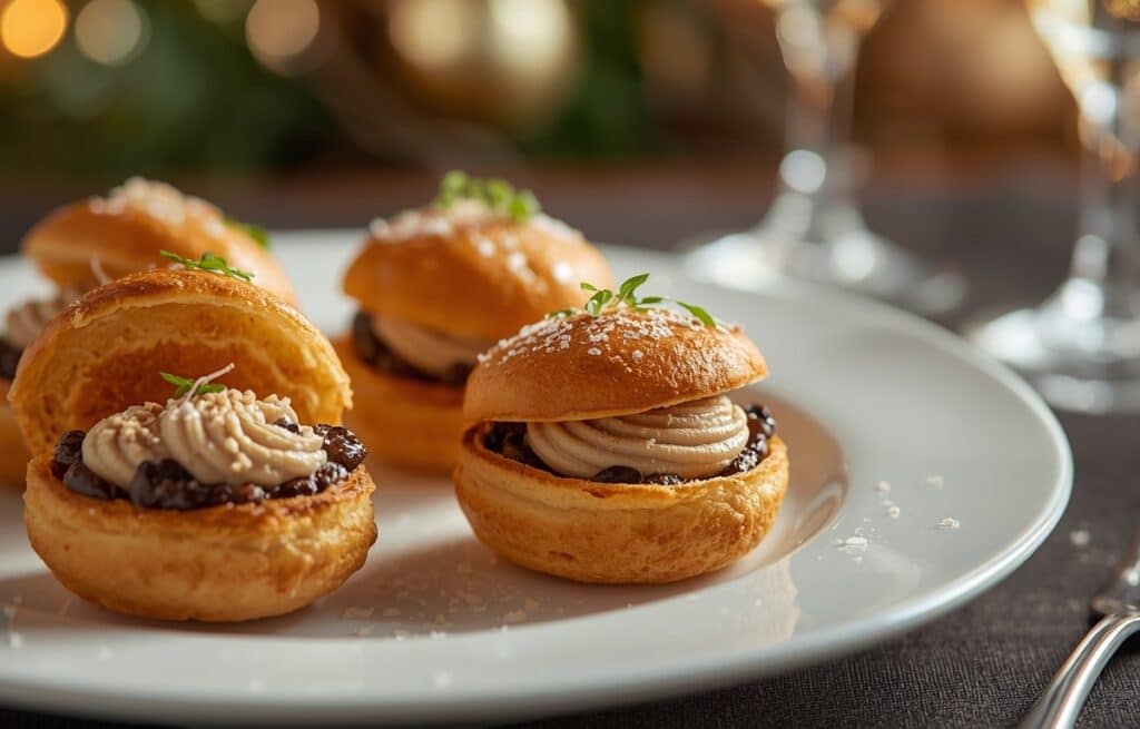Choux apéritifs de Noël farcis au foie gras et champignons disposés sur assiette blanche avec copeaux de truffe