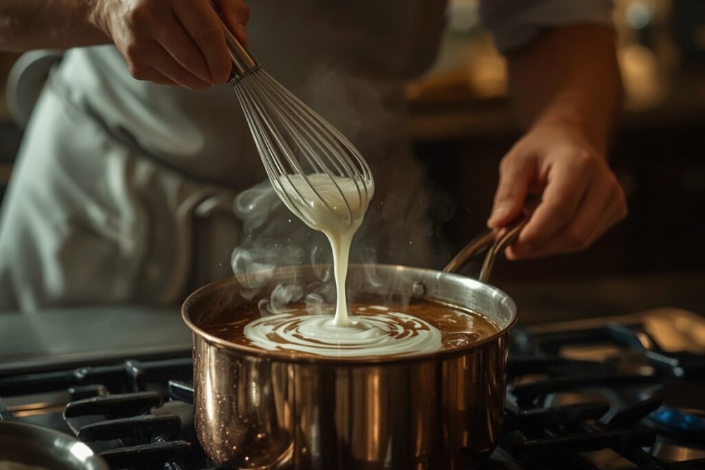 Incorporation de fécule de maïs diluée dans une sauce chaude avec fouet pour épaissir la préparation