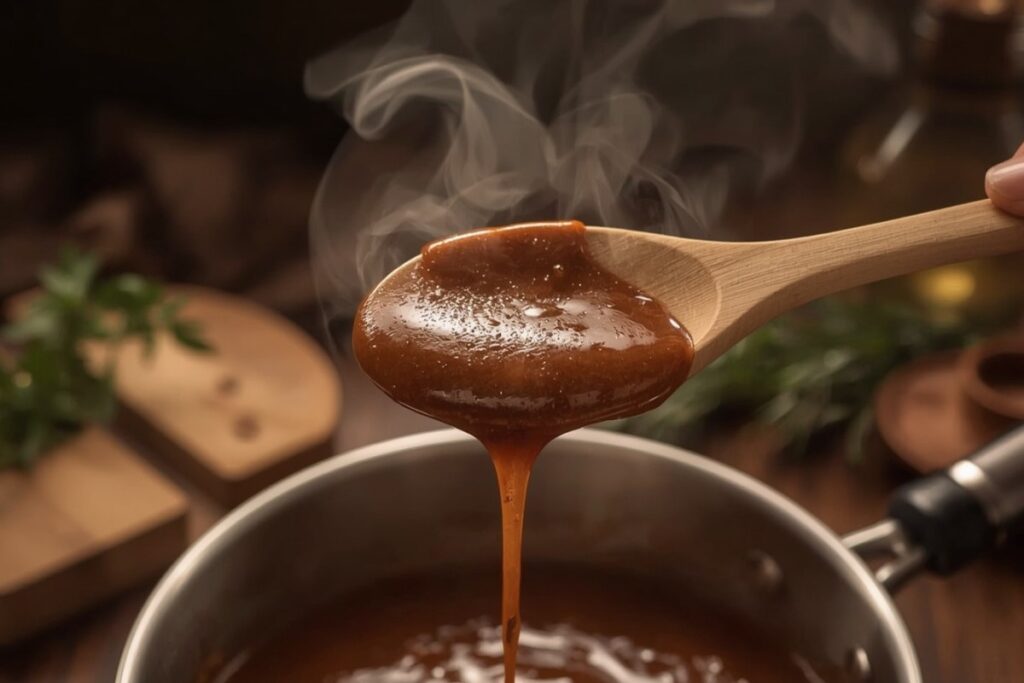 Sauce brune parfaitement épaissie nappant le dos d'une cuillère en bois, démontrant la texture idéale