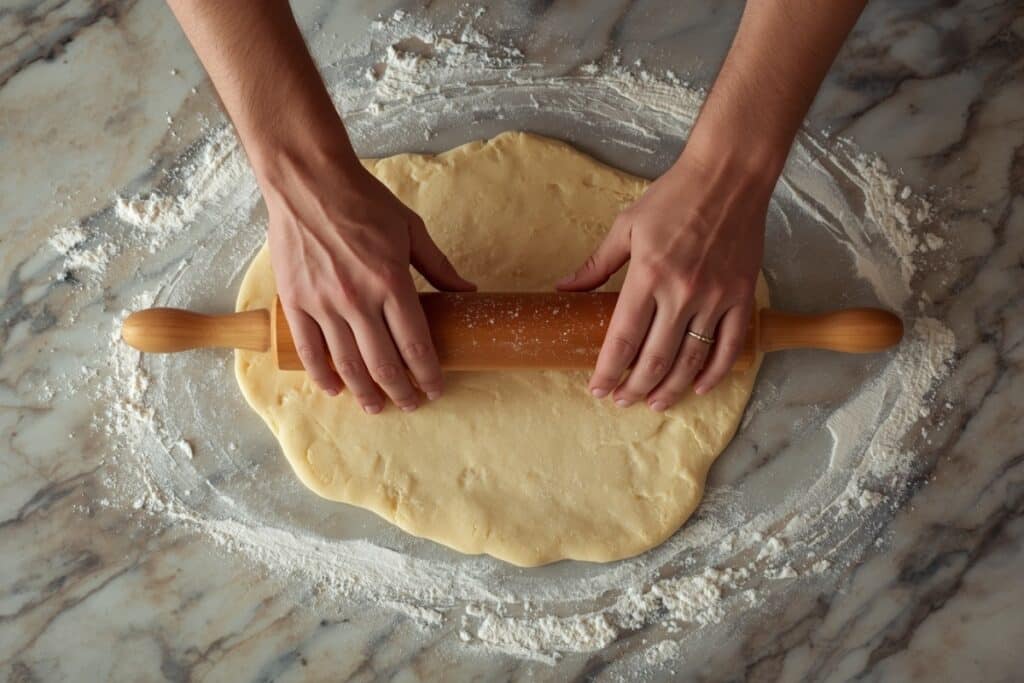 Vue de dessus de mains étalant une pâte à pizza avec un rouleau en bois sur un plan de travail en marbre enfariné