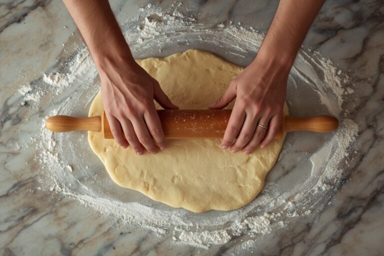 Vue de dessus de mains étalant une pâte à pizza avec un rouleau en bois sur un plan de travail en marbre enfariné