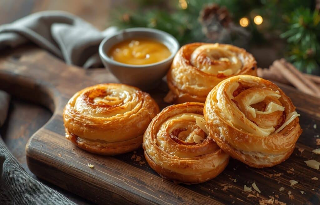 Feuilletés spirale apéritifs chorizo-manchego dorés au four disposés sur planche en bois avec sauce moutarde au miel
