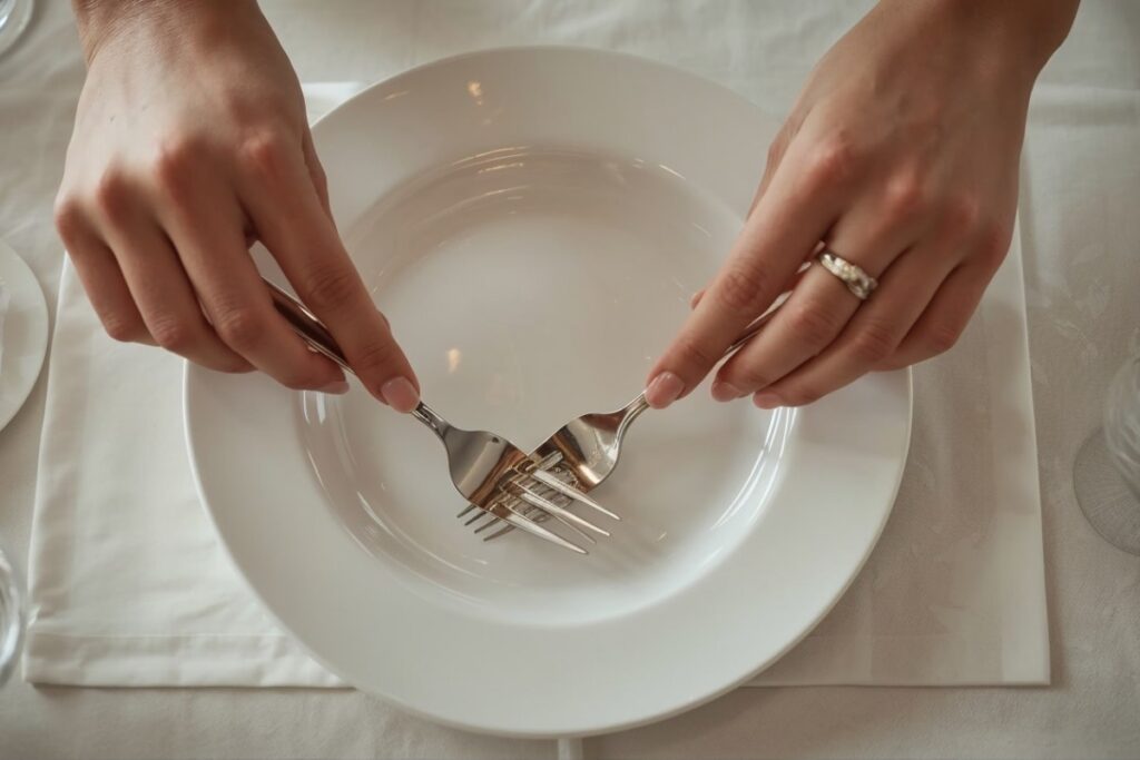 Démonstration des mains plaçant correctement les couverts en position 4h20 à la fin du repas selon l'étiquette