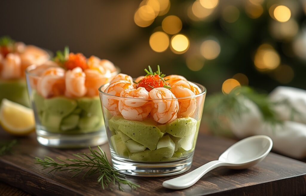 Verrine apéro de Noël avocat-crevettes avec couches visibles de concombre, mousse d'avocat et crevettes roses garnies d'œufs de saumon