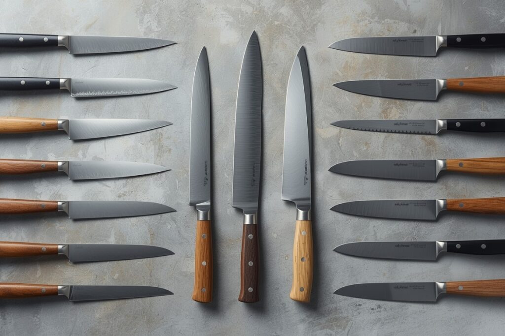 Collection de couteaux de cuisine professionnels disposés avec précision