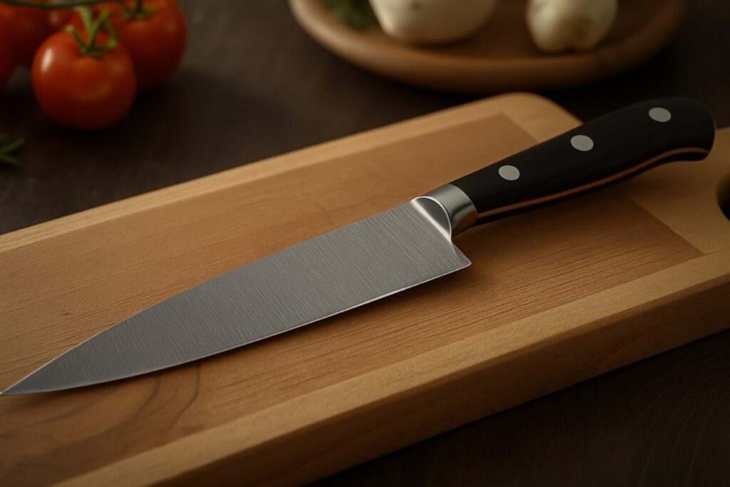 Couteau de chef professionnel en acier damassé sur planche à découper en bois