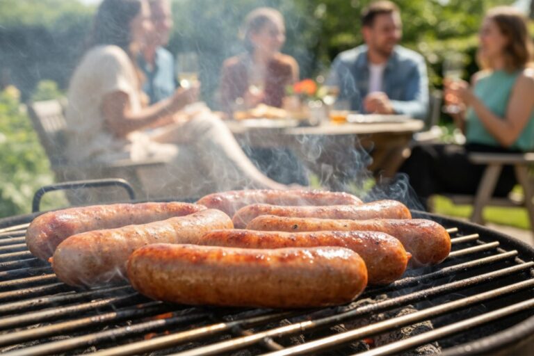Saucisses fumées grillées sur un barbecue extérieur, peau dorée et brillante, ambiance conviviale et gourmande