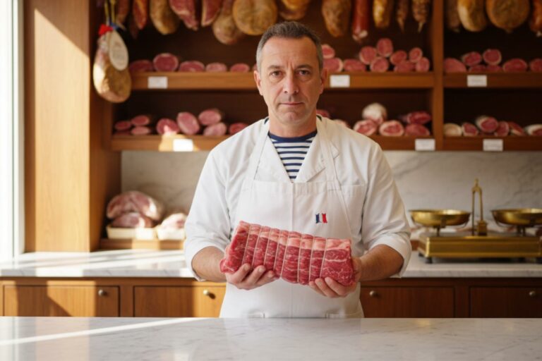 Boucher artisan tenant un rôti de bœuf ficelé sur un comptoir en marbre dans une boucherie traditionnelle française