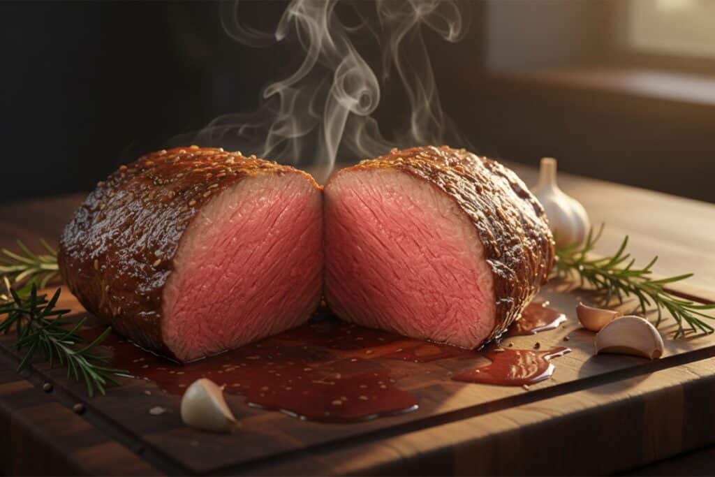 Rôti de bœuf tranché révélant un cœur rosé parfait, posé sur une planche en bois avec romarin et ail frais