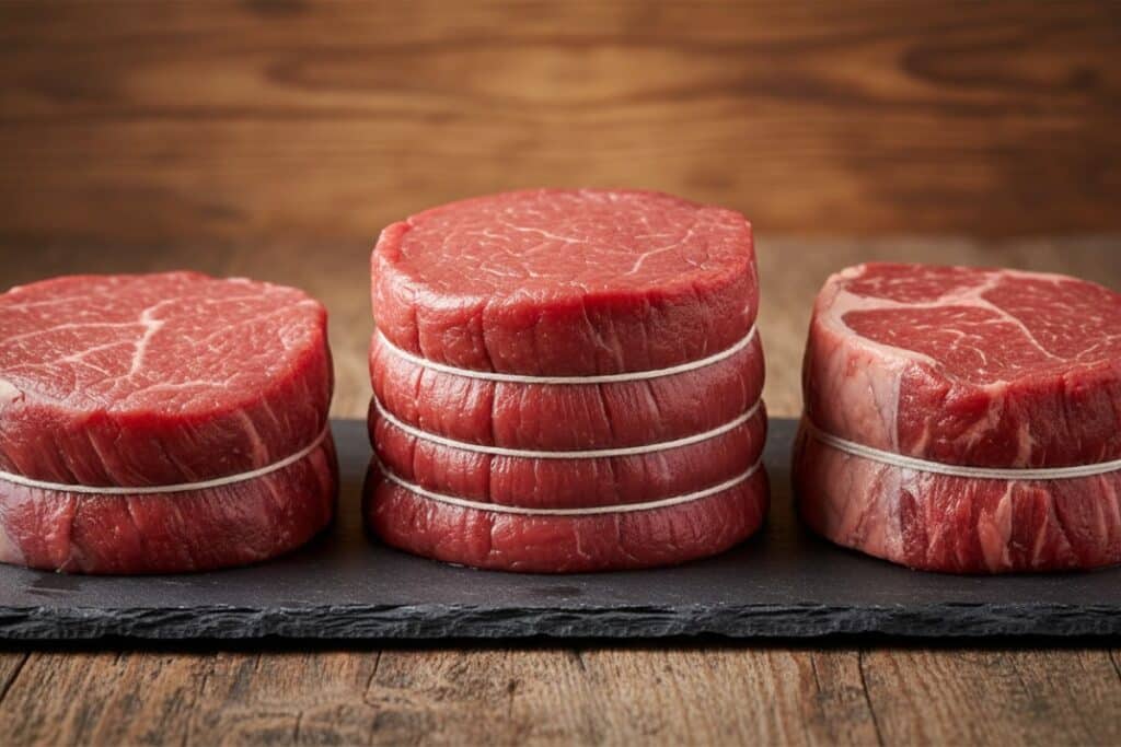 Trois morceaux de bœuf pour rôti côte à côte – filet, faux-filet et rumsteck – sur ardoise noire