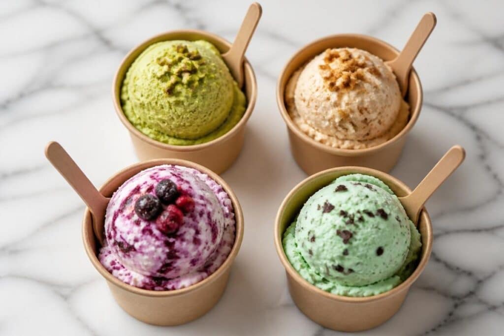 Quatre coupes de glace artisanale italienne servies sur marbre — pistache, caramel, fruits rouges et menthe