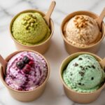 Quatre coupes de glace artisanale italienne servies sur marbre — pistache, caramel, fruits rouges et menthe