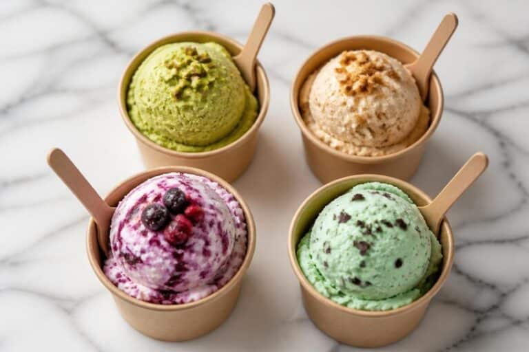 Quatre coupes de glace artisanale italienne servies sur marbre — pistache, caramel, fruits rouges et menthe