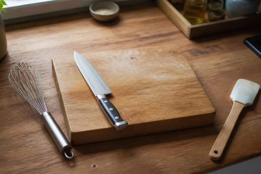 Ustensiles de cuisine essentiels disposés sur un plan de travail en bois